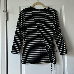 Lucky Brand Black and White Striped Wrap Top, XS